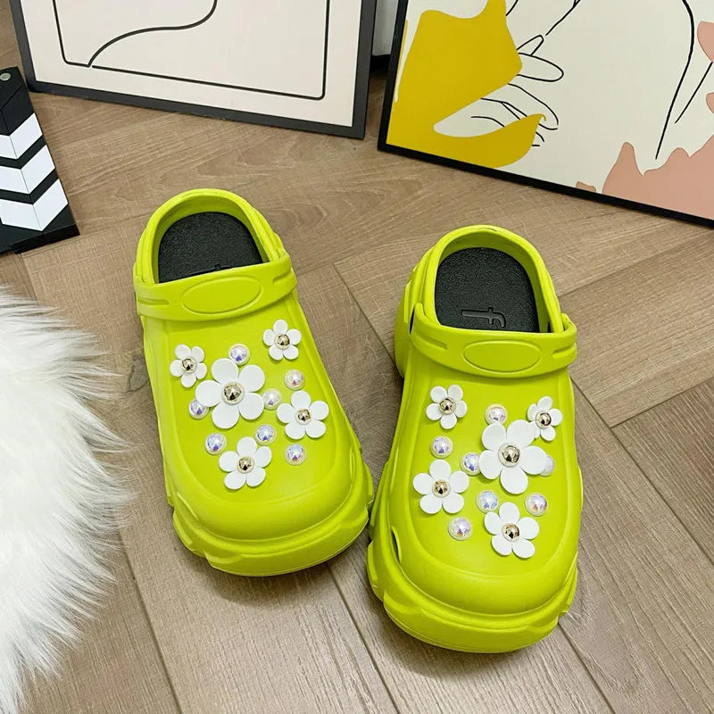 2024 Women's Hole Shoes Summer New EVA Thick Sole Garden Shoes Cute Cartoon 8cm High Heels Anti Slip Soft Sole Perforated Shoes