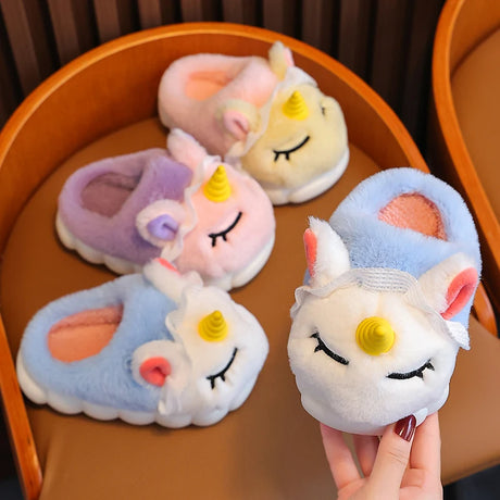 New Winter Kids Cotton Slippers Cartoon Unicorn Children's Indoor Slides Non-Slip Platform Girls And Boys Warm Plush House Shoes