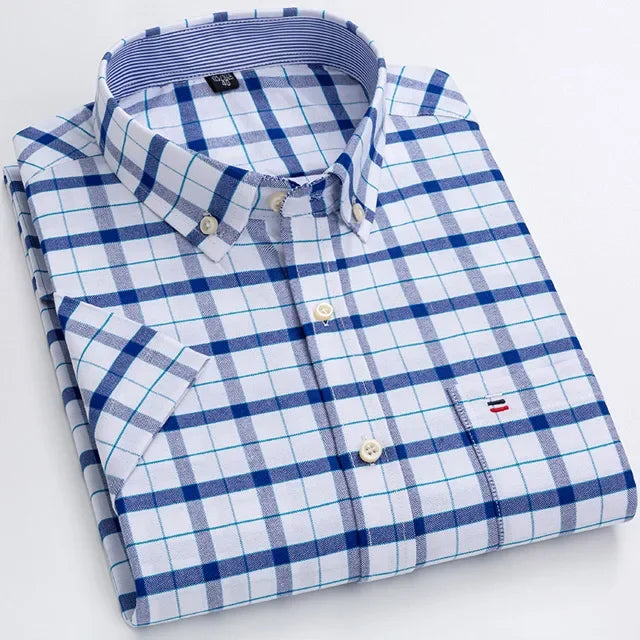 2023 100% Pure Cotton Men's Oxford Short Sleeve Square Collar Soild Plaid Striped Summer Casual Shirts Single Pocket  Shirt