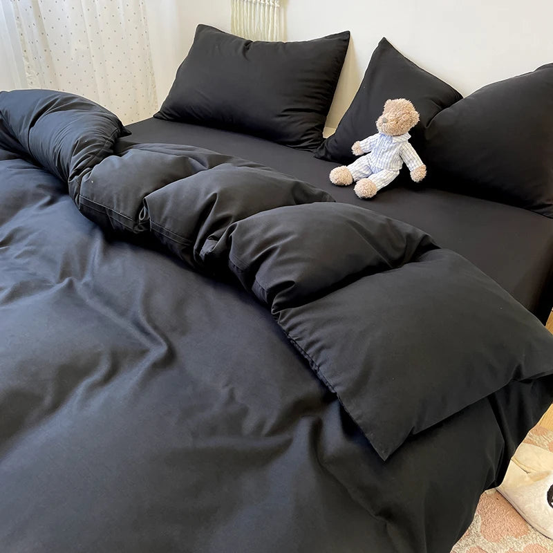 Black Bedding Set Soft Bed Linen Set Washed Cotton Duvet Cover Pillowcase and Bedsheet постельное бельё набор Home Bedclothes