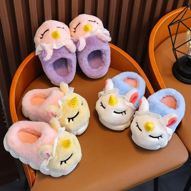 New Winter Kids Plush Slippers Cartoon Unicorn Children's Indoor Slides Non-Slip Soft Mule Girls Boys Warm House Cotton Shoes