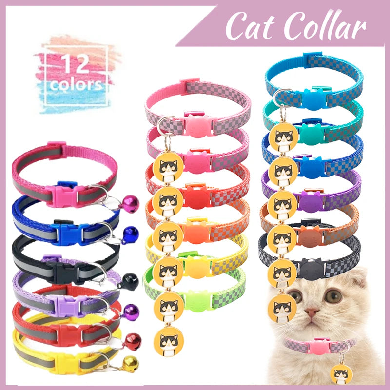 Cat Bells Collars 12 Color Adjustable Nylon Buckles Reflective Nylon Dog Collar Neck Strap Luminous Collars Pet Accessories