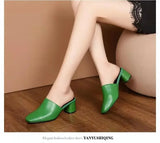 2024 New European Station Thick Heel Slippers Women's Summer New Square Headed Baotou Middle Heel Leather Shoes Elegance