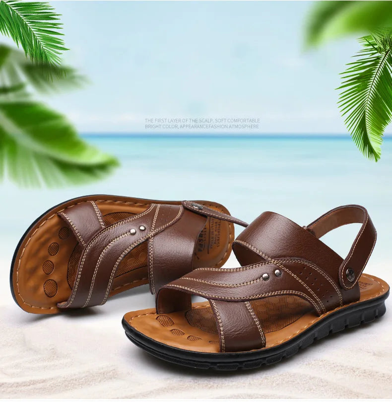 Summer Men's Leather Sandals Outdoor Non-slip Men's Beach Sandals Handmade Leather Men's Shoes Fashion Men Flip-flops