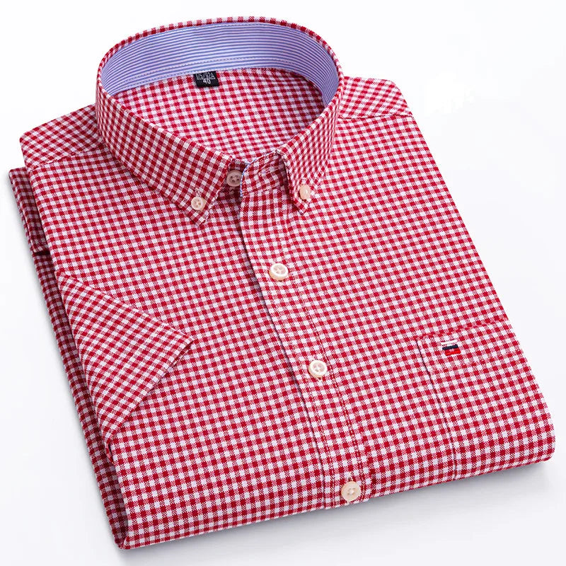 100% Cotton Men Oxford Shirt Short Sleeve Summer Plaid Striped Male Clothes Business Regular Fit Dress Shirt Oversized 7XL 6XL