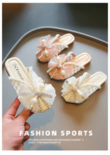 슬리퍼 Children's Slippers Summer New Bow Girl Princess Shoes Soft Sole Home Shoes Flat Kids Shoes Fashion Girl Slippers flip flops