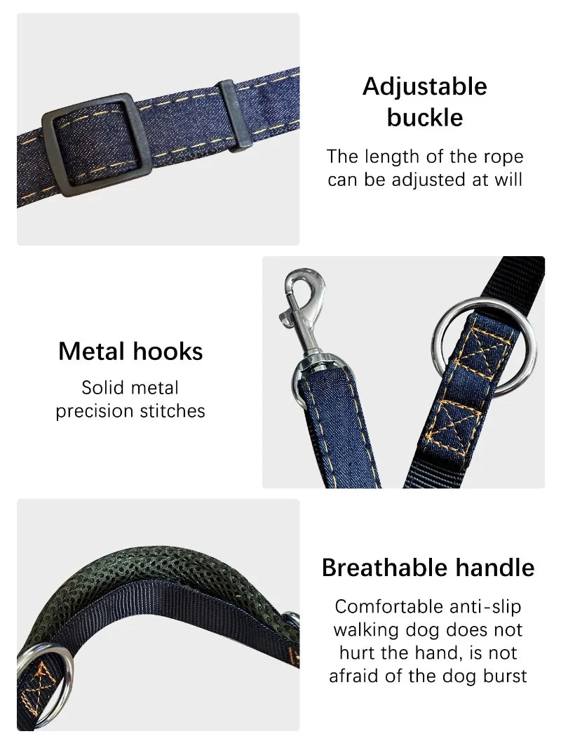 Multifunctional Jean Cloth Dog Leash Adjustable Length Free Hands Double Heads Leash for Small Medium Large Dogs Walking Running