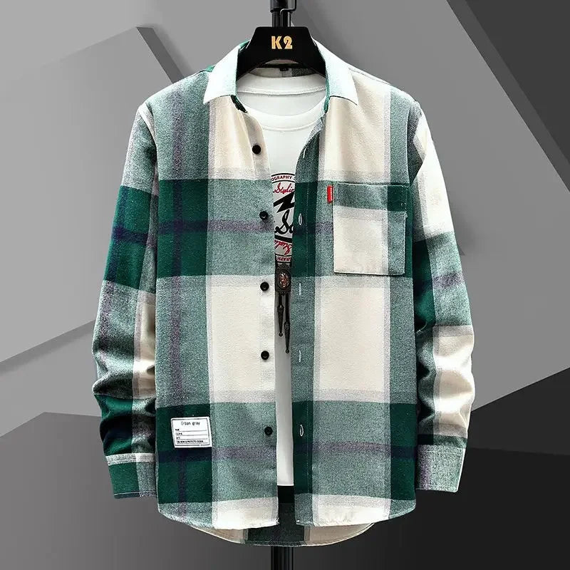 2023 Spring and Autumn Men's Lapel Loose Plaid Button Printed Pocket Casual Fashion Elegant Commuting Long sleeved Shirt