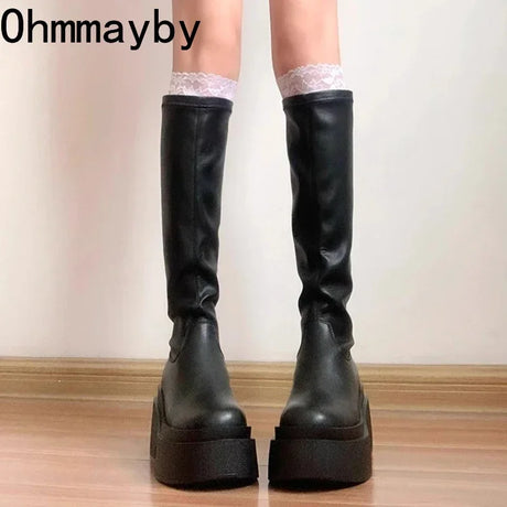 Platform Heel Knee High Boots Women Fashion Ladies Slip On Knight Long Boots Autumn Winter Women's Footwear