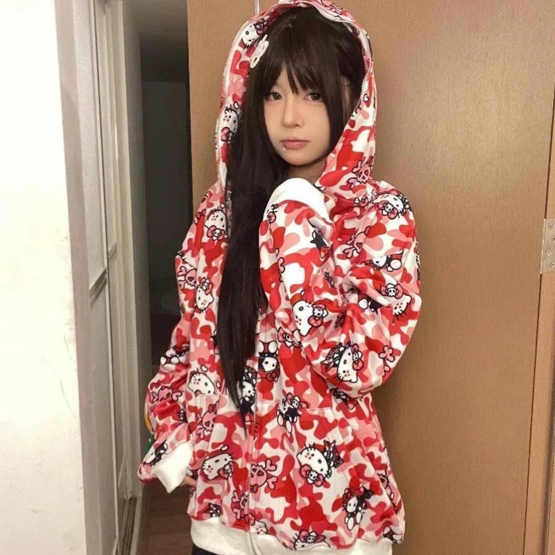 Miniso Camouflage Hellokitty Harajuku Zip-up Coats Cartoon Kitty Cat Printed Gothic Hooded Sweatshirts Couple Y2k Women Clothing