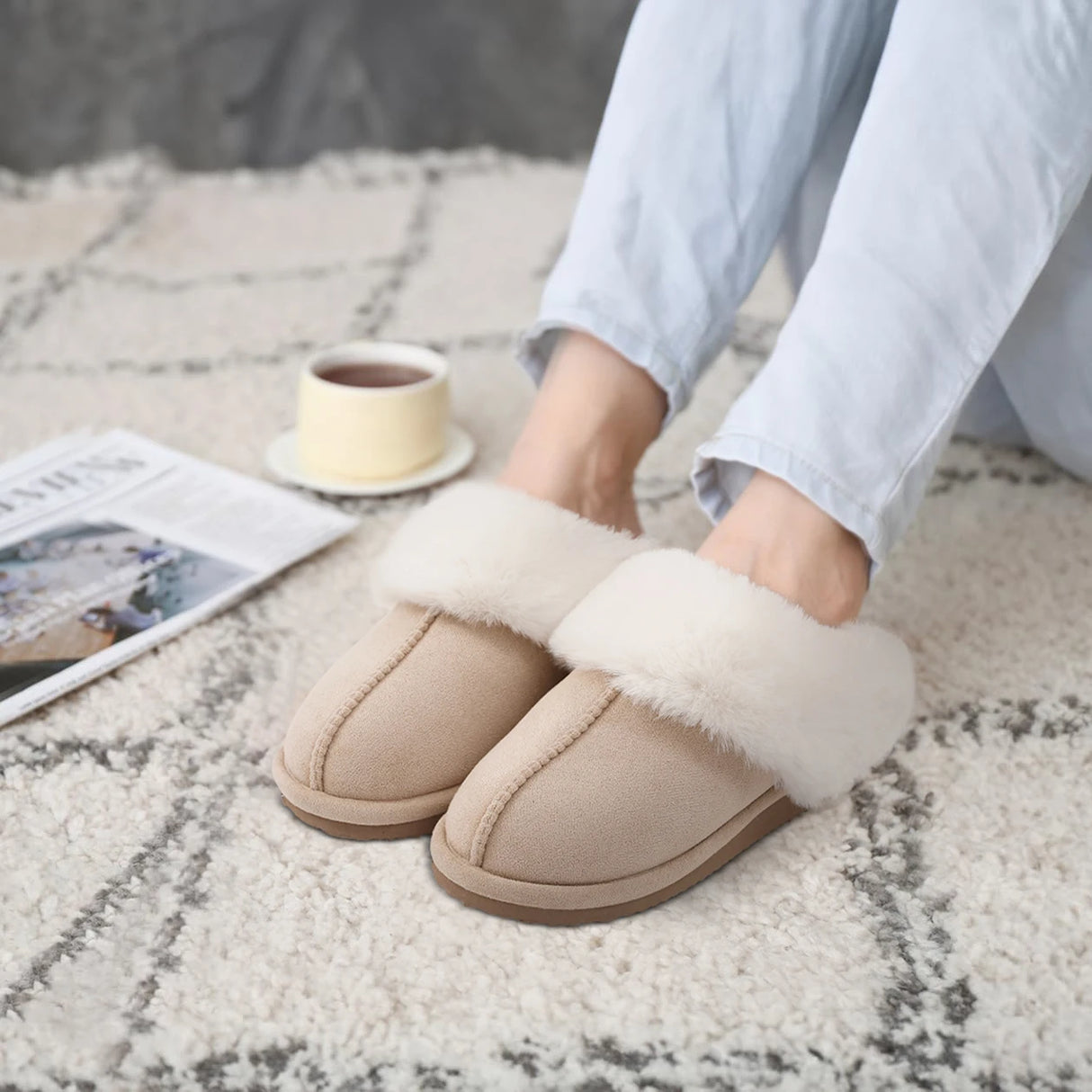 Shevalues New Plush Fur Slippers Home Women Winter Fluffy Faux Fur Collar House Slippers Furry Memory Foam Slides Indoor Outdoor