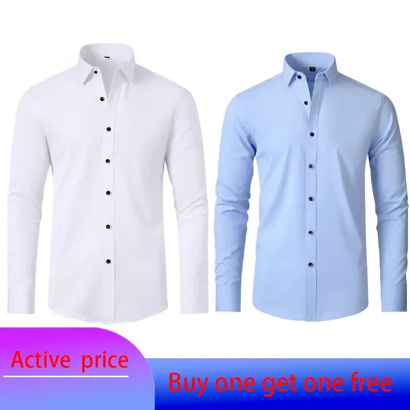 6xl New Spring and summer  elastic force non-iron men's long-sleeved business casual shirt solid color mercerized vertical shirt