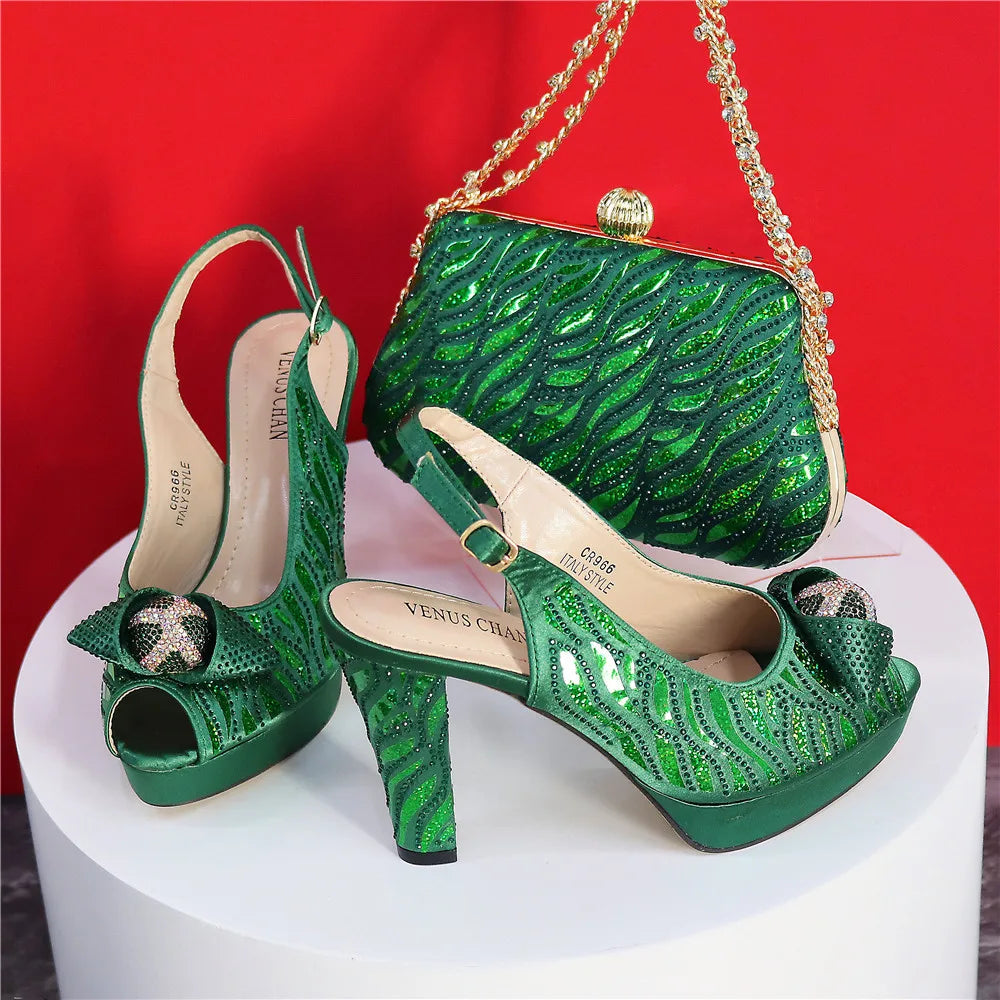 2024 Fashion Green Color High Quality Pointed Toe Thin Heels Shoes Matching Bag Set For Nigerian Party Women