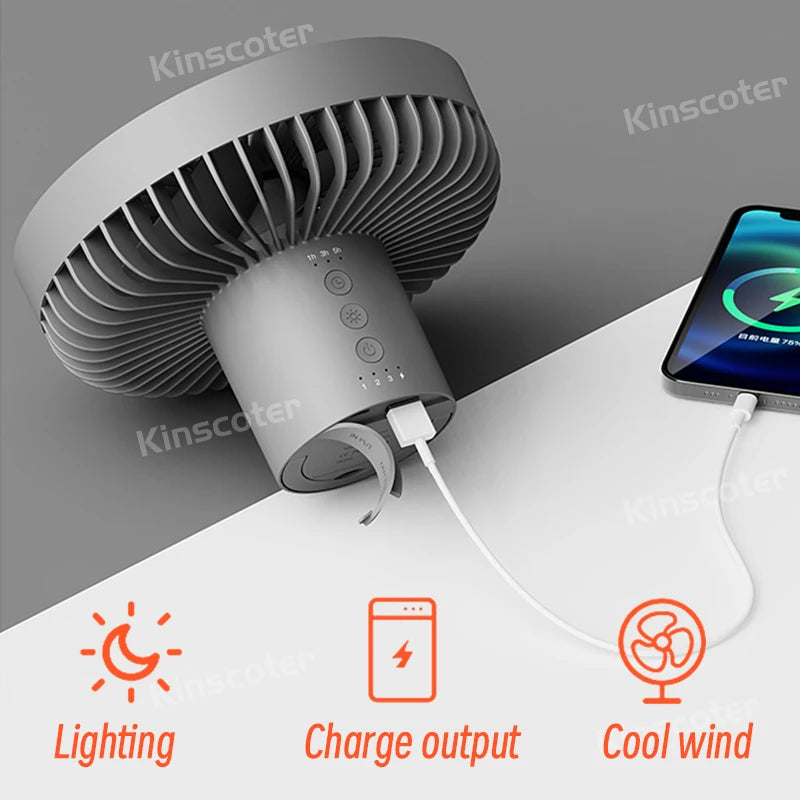 10000mAh Camping Fan Rechargeable Desktop Portable Circulator Wireless Ceiling Electric Fan with Power Bank LED Lighting Tripod