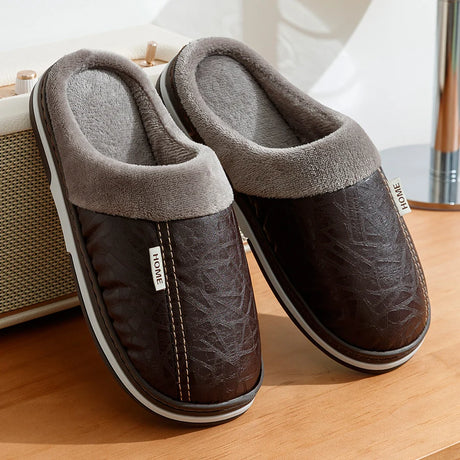 Men's Big Size Winter slippers Indoor PU Leather Home Waterproof Fluffy Casual Slides Men Bedroom Comfy Shoes Houseshoes