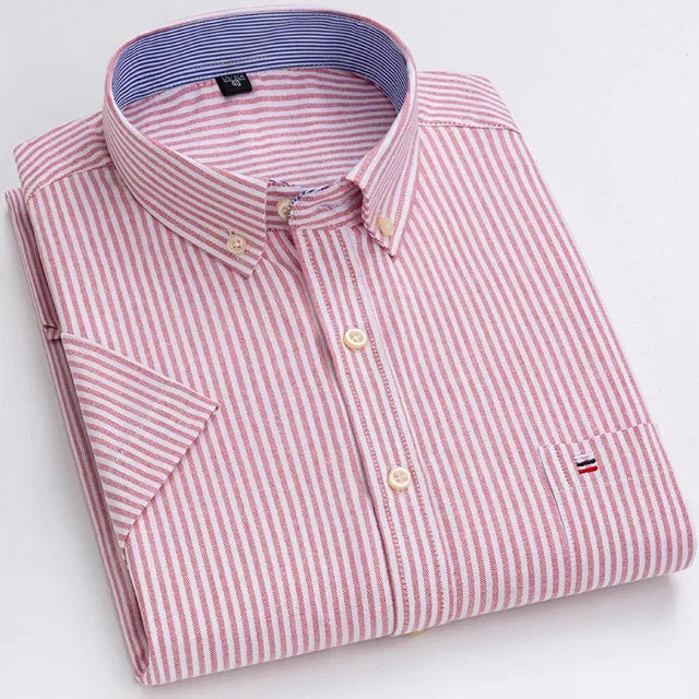 2023 100% Pure Cotton Men's Oxford Short Sleeve Square Collar Soild Plaid Striped Summer Casual Shirts Single Pocket  Shirt