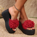 Large Flower Open Toe One Line Thick Bottom Slippers for Women's 2024 Summer New Fashion Slope Heel Women's Slippers