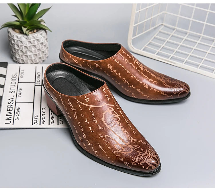 New Summer High Heel Mules Men Half Shoes For Man Leather Slippers Mens Casual Shoes Formal Loafers Dress Male Slides Sandals