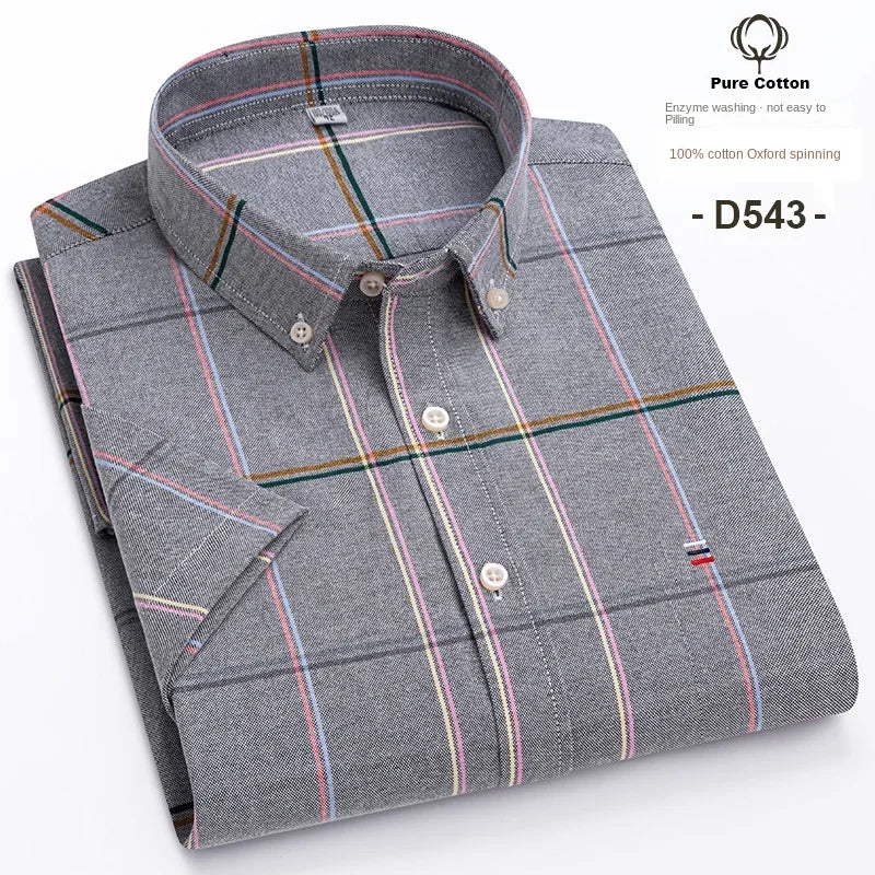 100% Cotton Breathable Men Oxford Short Sleeve Summer Plaid Striped Male Shirt Business Regular Fit Oversized Clothes