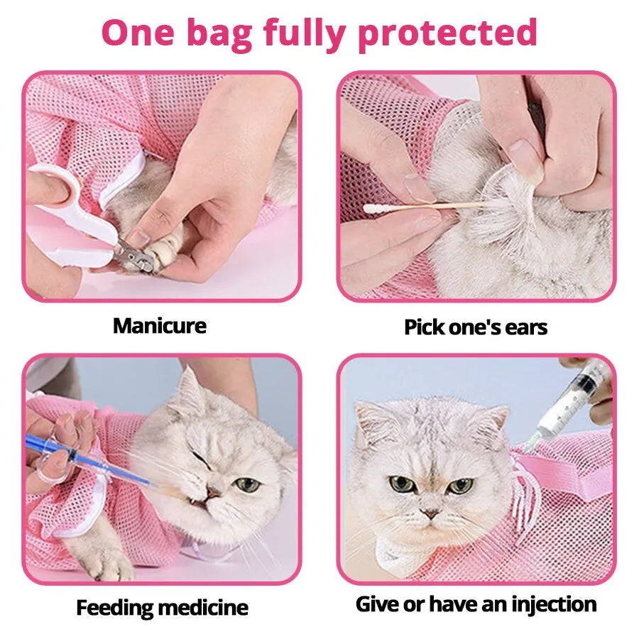 Cat Grooming Bag Shower Mesh Bag Adjustable Multifunctional Breathable Anti Bite Anti Scratch Cat Restraint Bag