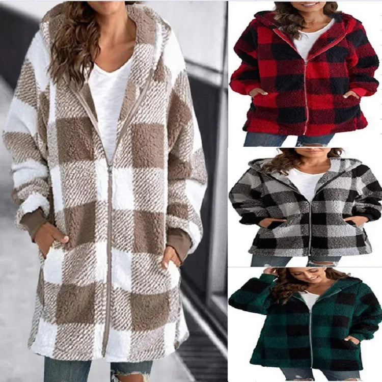 2024 New Amazon Long Sleeve Plaid Hooded Zipper Women's Jacket Loose Fit Pocket Included Casual Ladies Outerwear