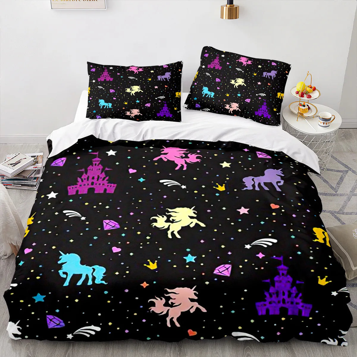 Unicorn Duvet Cover Set Cartoon Galaxy Rainbow Colourful Unicorn Cute Romantic Theme for Kids Girls Polyester Comforter Cover