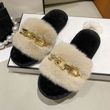 Fluffy Slippers Home Winter Casual Chain Designer Shoes Women 2024 Indoor Platform Plush Slides Girls Fashion Elegant Large Size