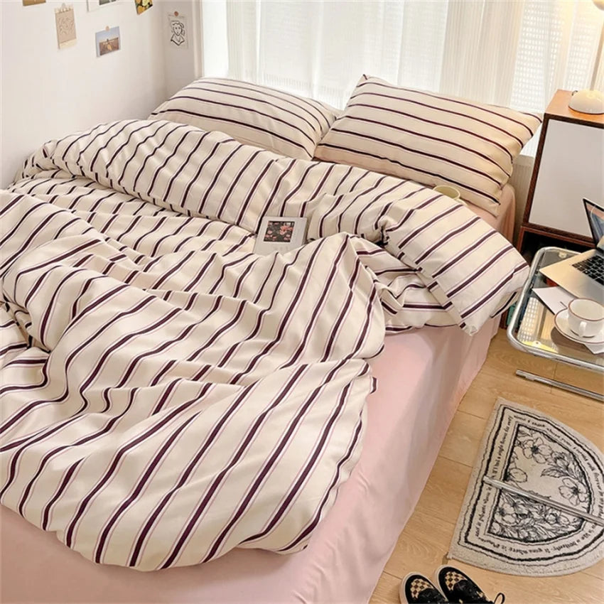 Pure Cotton Home Textile Blue Striped Bedding Set Simple Soft Duvet Cover Sheet Pillowcase Ins Style Bed Linens Queen King Size