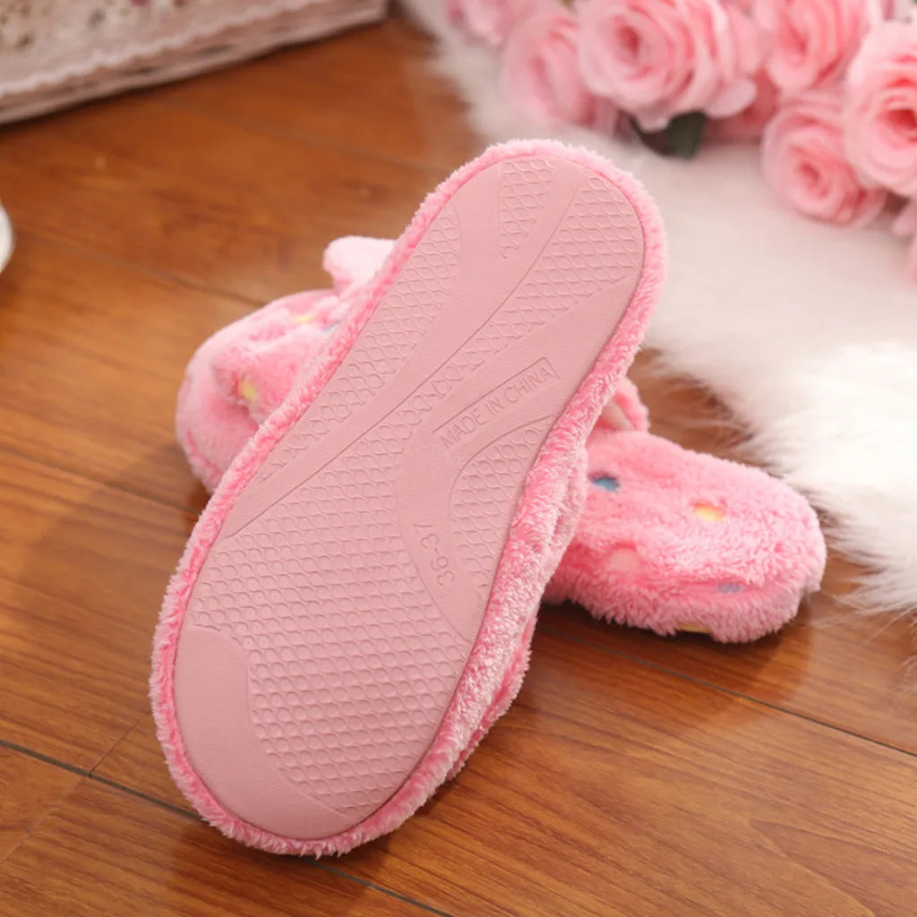 Women's Warm Home Slippers Cute Autumn Winter Bow Warmth Thick Plush Non-Slip Leisure Shoes Soft Bedroom Floor Flat Slides