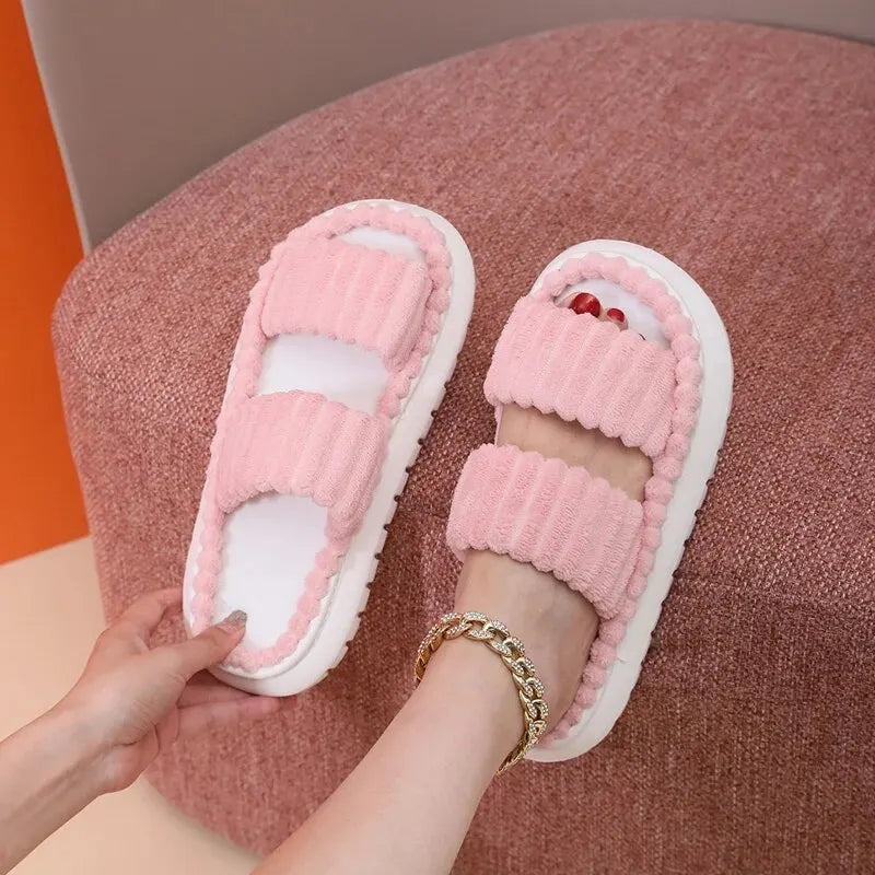 Women Spring Autumn Home Cotton Slippers Ladies Open Indoor Drop Toe Slides New Imitation Rabbit Hair Inside Flat Slippers