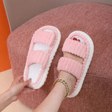 Women Spring Autumn Home Cotton Slippers Ladies Open Indoor Drop Toe Slides New Imitation Rabbit Hair Inside Flat Slippers