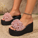 Large Flower Open Toe One Line Thick Bottom Slippers for Women's 2024 Summer New Fashion Slope Heel Women's Slippers