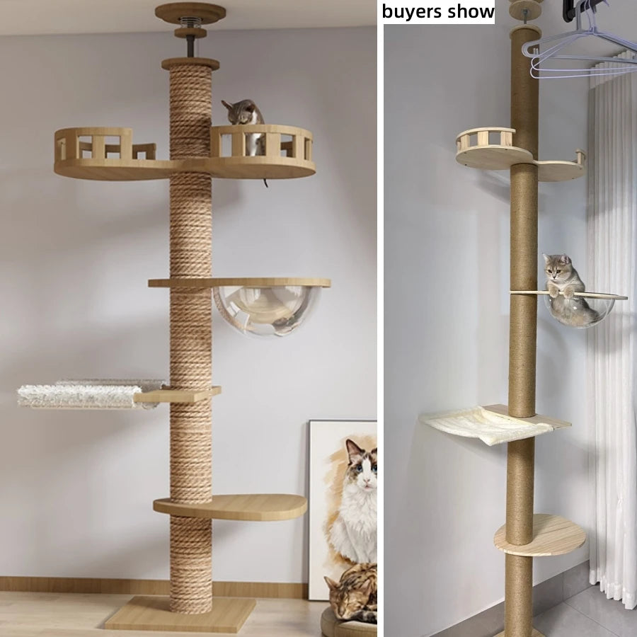 Highly Customizable Wooden Cat Climbing Frame Tree Tower Sisal Rope Hammock Cat Bed Multiple Platforms For Cat Scratching Post