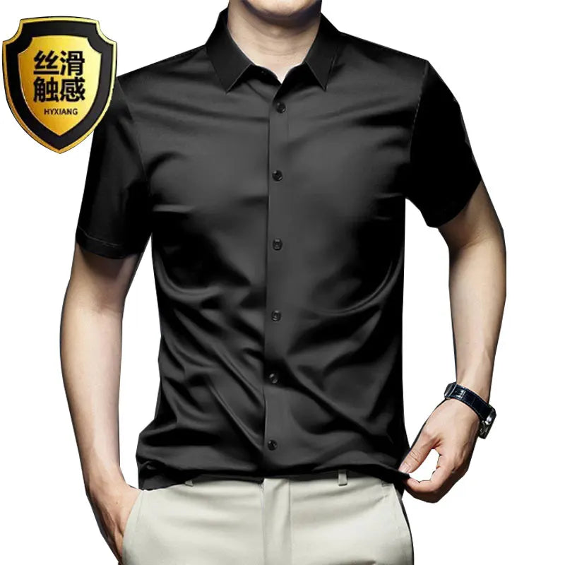 5XL Silk Smooth Formal Dress Quality Social Summer Short Sleeve Men's Shirt Business Slim Fit Casual Pure White Non iron