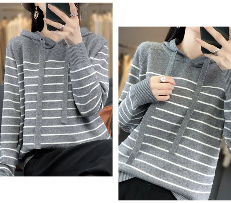 New Striped Wool Hoodies And Sweatshirts For Women Long Sleeve Sweaters Knitted Jumpers Female Outerwears Fashion Hoody Clothing