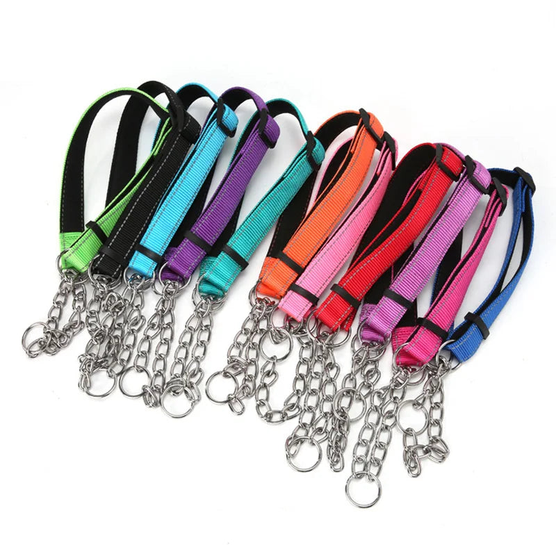 Stainless Steel Chain Martingale Collar - Stainless Steel Chain Reflective Nylon Fabric Pet Collars for Small Medium Large Dogs