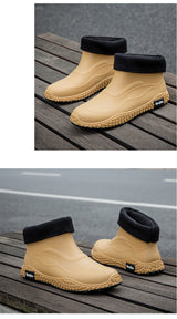 Rain boots mens new short cotton rain boots outdoor fishing shoes thick sole non-slip waterproof shoes kitchen work rubber shoes