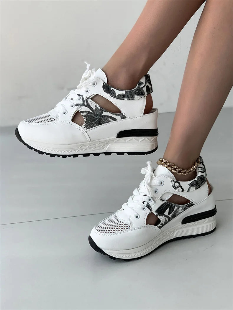 Summer Women Hollow Vulcanized Shoe Casual Breathable Mesh Walking Sneaker Women Outdoor Lace Up Wedge Sandals Feminine Footwear