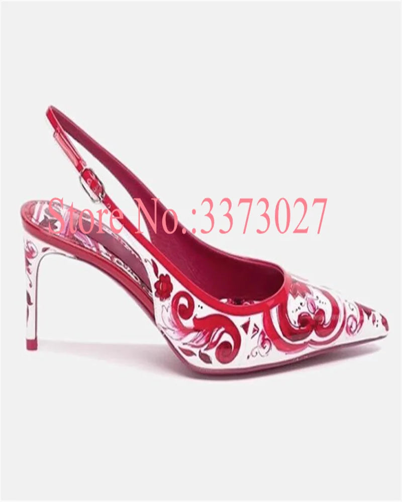 Red Mixed Color Lady Sandals Sexy Thin High Heel Pointed Toe Slingback Woman Pumps Fashion Female Leather Sandals Dropship