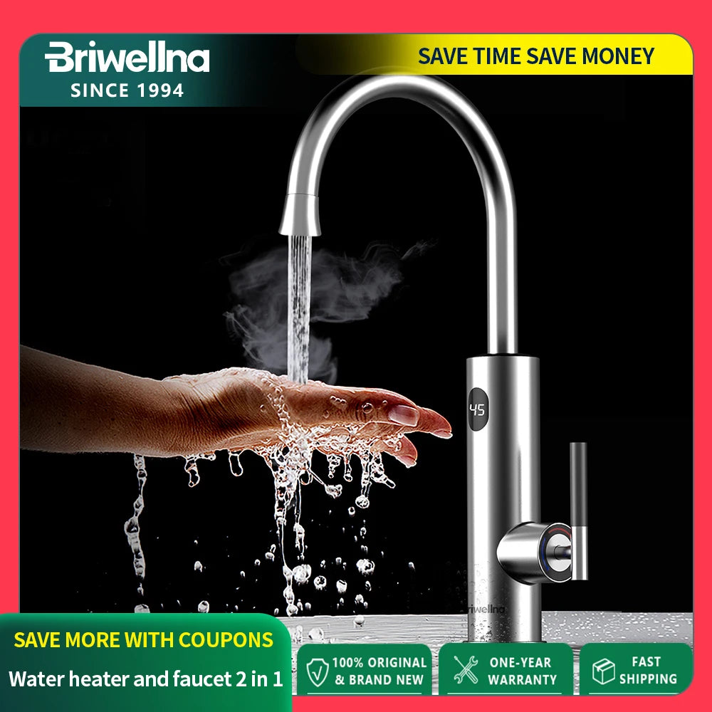 Briwellna Tankless Water Heating Faucet 220V Electric Kitchen Faucet 2 in 1 Digital Display Hot Water Heater Flowing Faucet