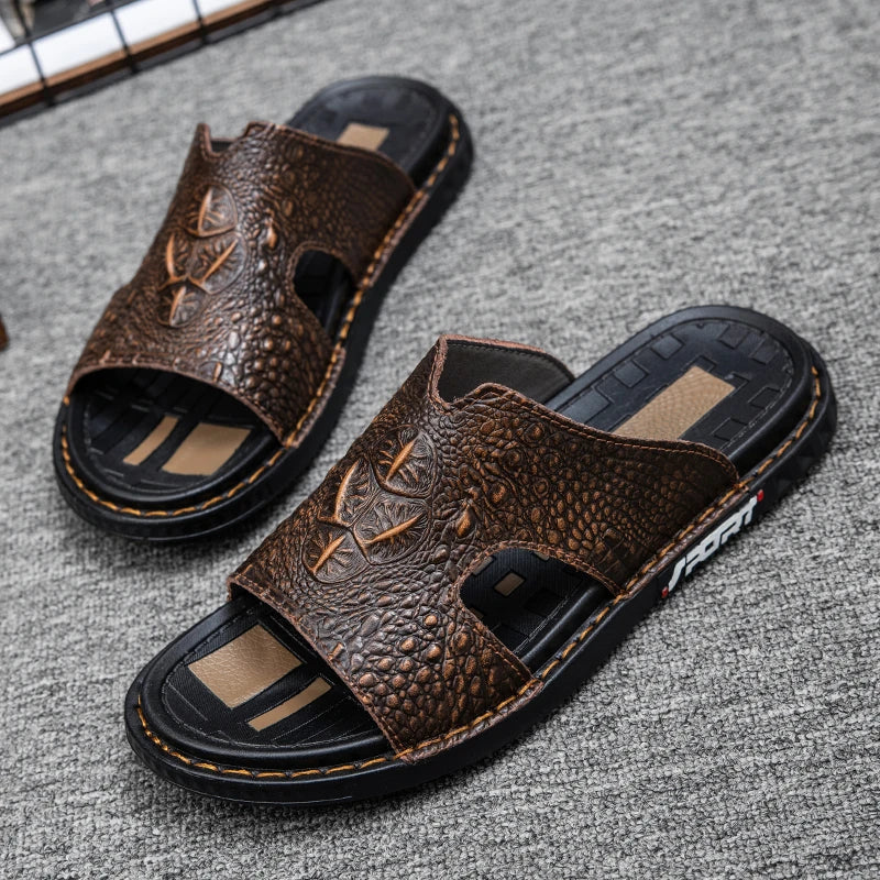 Genuine Leather Men Slippers Crocodile Grain Slip On Slipper Man Summer Shoes For Men Slides Casual