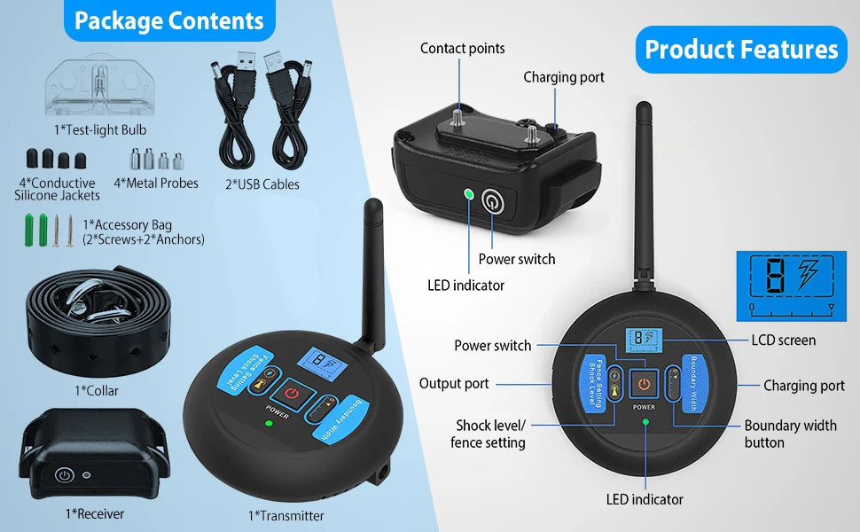 Wireless Dog Fence, Electric Dog Collar Fence,Pet Containment System, Adjustable Warning Strength, Rechargeable, Harmless and Su