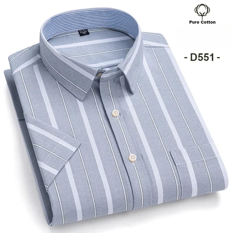 100% Cotton Breathable Men Oxford Short Sleeve Summer Plaid Striped Male Shirt Business Regular Fit Oversized Clothes