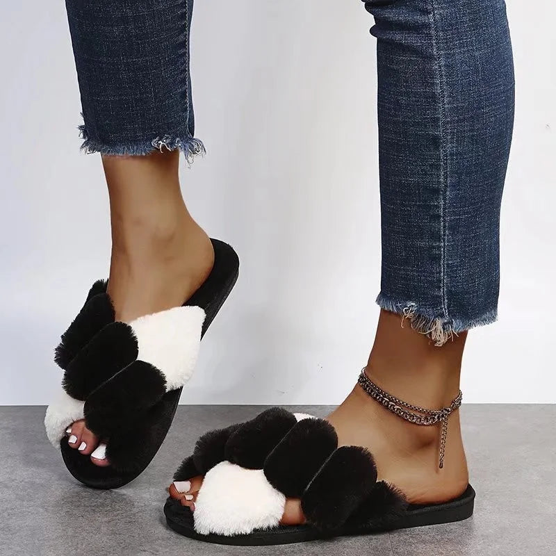 Women Winter House Furry Slippers Fluffy Faux Fur Home Slides Flat Fashion Indoor Floor Shoes Ladies Flip Flops Chaussure Femme