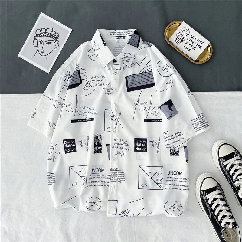 Men Street Fashion Summer Daily Shirt Hawaiian Cartoon Print Casual Loose Shirts Short Sleeve Beach Loose Tops