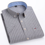 100% Cotton Breathable Men Oxford Short Sleeve Summer Plaid Shirts Striped Male Clothes Business Regular Fit Oversized