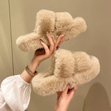 Winter Fluffy Slippers Women 2024 New House Home Fur Slippers For Women Flat Platform Cozy Fuzzy Indoor Shoes Korean Slides