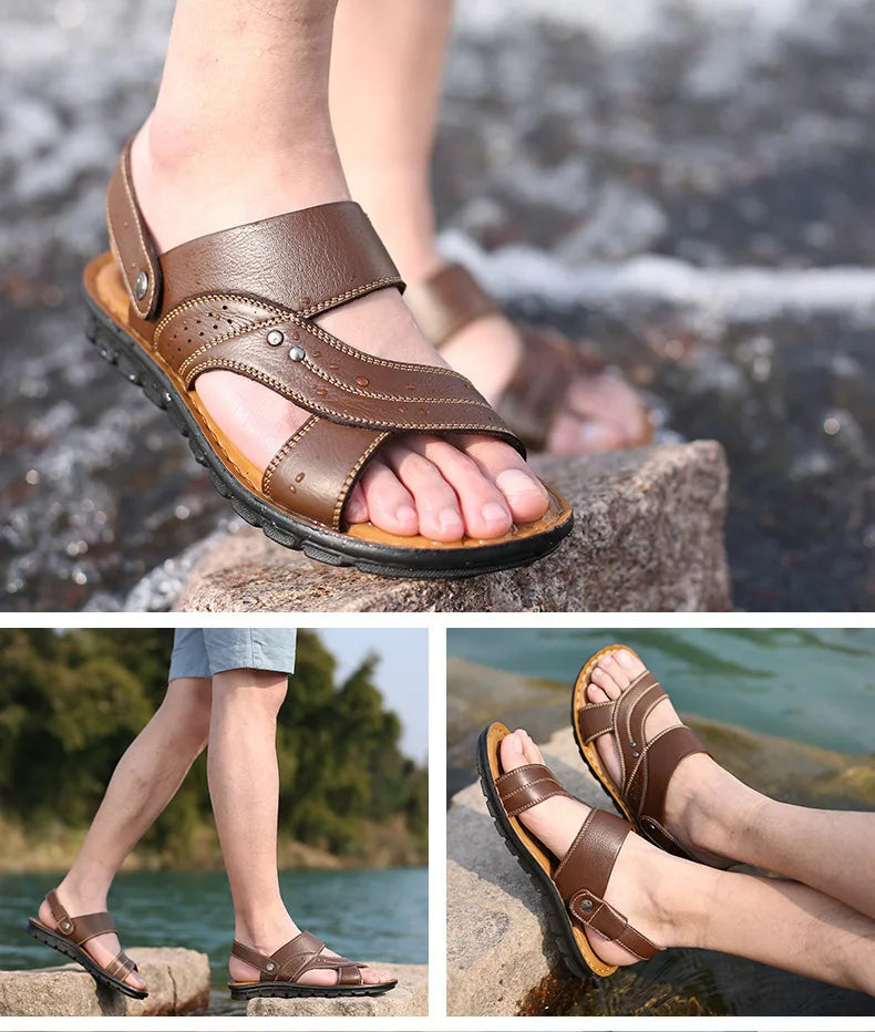 Summer Men's Leather Sandals Outdoor Non-slip Men's Beach Sandals Handmade Leather Men's Shoes Fashion Men Flip-flops