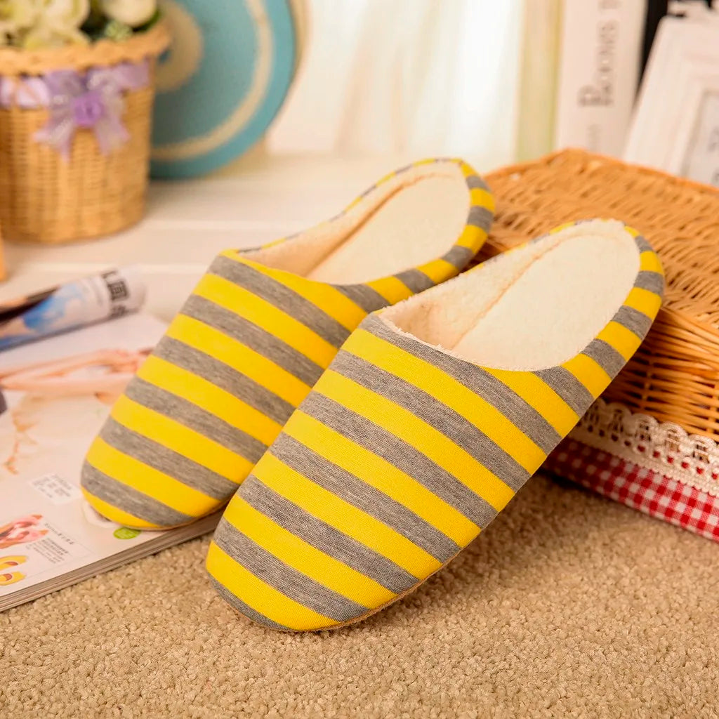 Women House Shoes 2024 Soft Striped Indoor Mute Cotton Slippers Non-Slip Slippers Warm Plush Unisex Comfort Home Floor Slipper