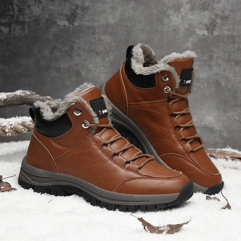 Winter Plush Warm Men Boots Leather Mens Snow Boots Couple Waterproof Non-slip Ankle Boots Lace-Up Outdoor Hiking Shoes 39-46